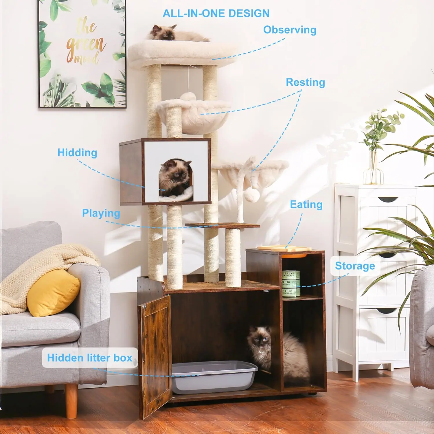 Cat Tree with Litter Box Enclosure, Modern Cat Tower for Indoor Cats with Large Platform