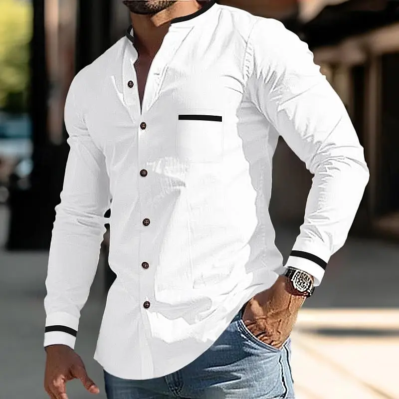 Men's Stand Collar Cardigan Button Pocket Shirt Blue White Pink Soft Comfortable Material 2025 Spring and Summer Plus Size XS6XL