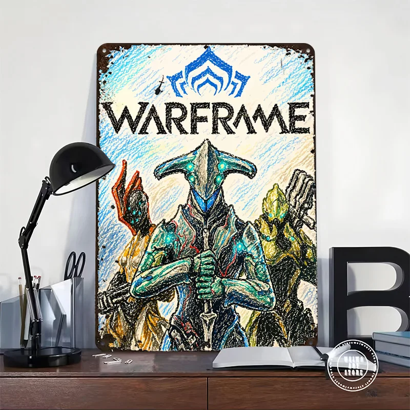 Crayon-Style Warframe Characters Art 3D Printed Texture Poster Personalized Wall Art Retro Metal Tin Signs for Vintage Decor