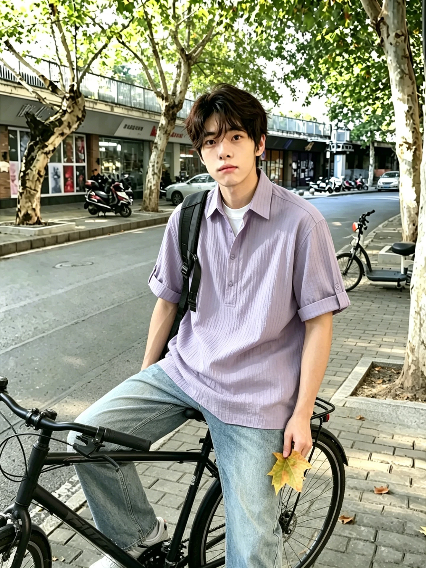 Light Purple Texture Stripe  Shirt Men's Short Sleeve Summer Casual Style Polyester Blend Breathable Comfortable Fit Shirt