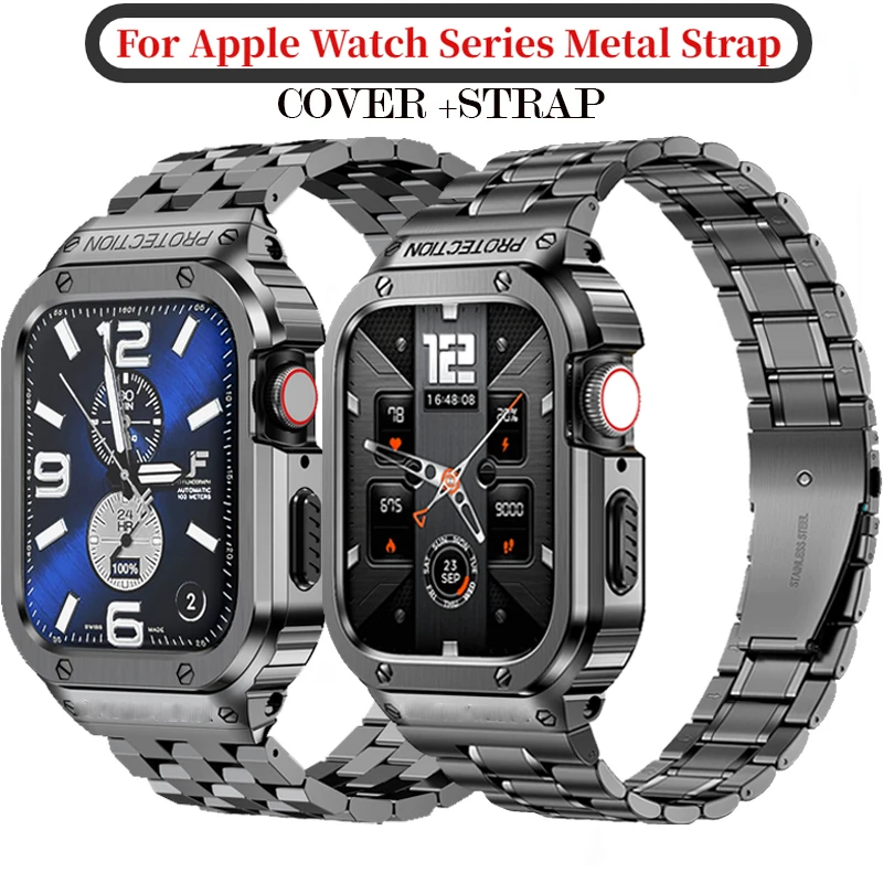 Luxury Metal Strap+Case For Apple Watch Ultra 2 49mm 316L Stainless Steel For iWatch SE 8 9 40 41mm 45/44mm Band Protective Case