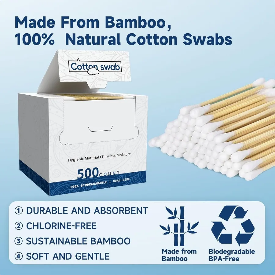 500 Count Cotton Swabs Bamboo Cotton Swab for Eye Ears Oil Makeup Lint Free Double Tipped Natural Cotton Buds Cleaning with Woo