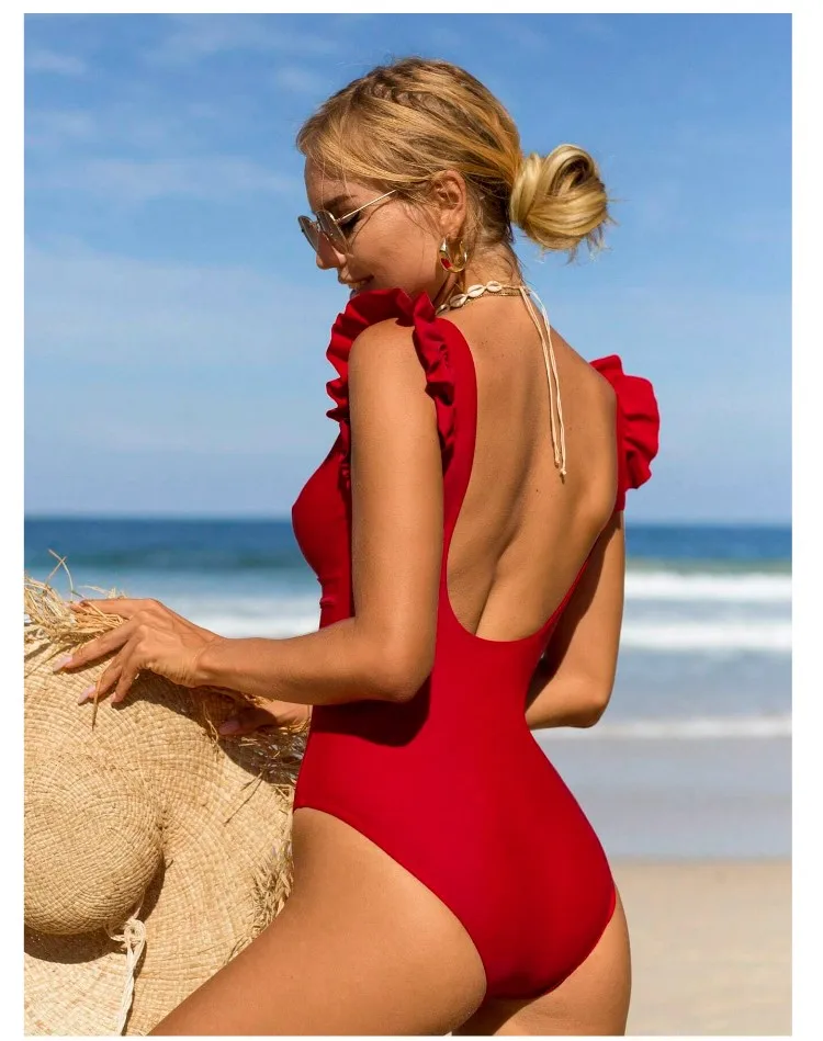 Cikini-Solid Color Splice Ruffle Trim Swimsuit, Deep V-neck Backless, One Piece, Summer Beach Swimwear, Bathing Suit