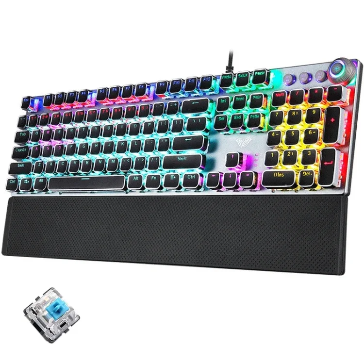 AULA F2088 108 Keys Mixed Light Plating Punk Mechanical Blue Switch Wired USB Gaming Keyboard with Metal Button(Silver)