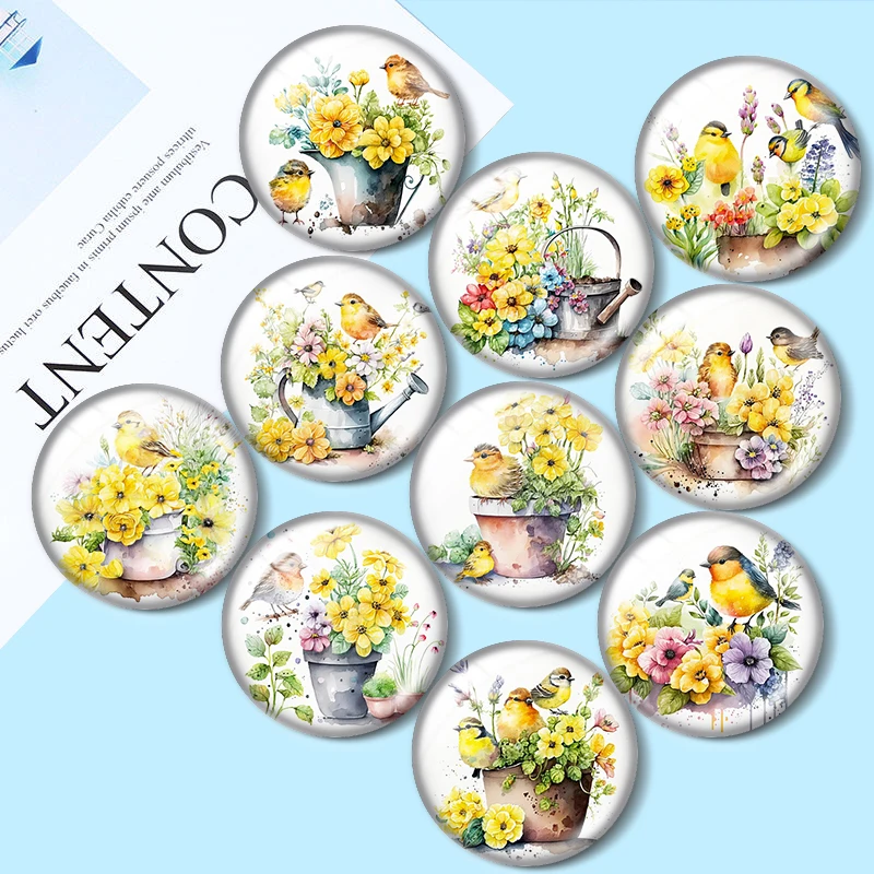 Canary Bird  Spring Flowers 10pcs 12mm/18mm/20mm/25mm Round photo glass cabochon demo flat back Making findings