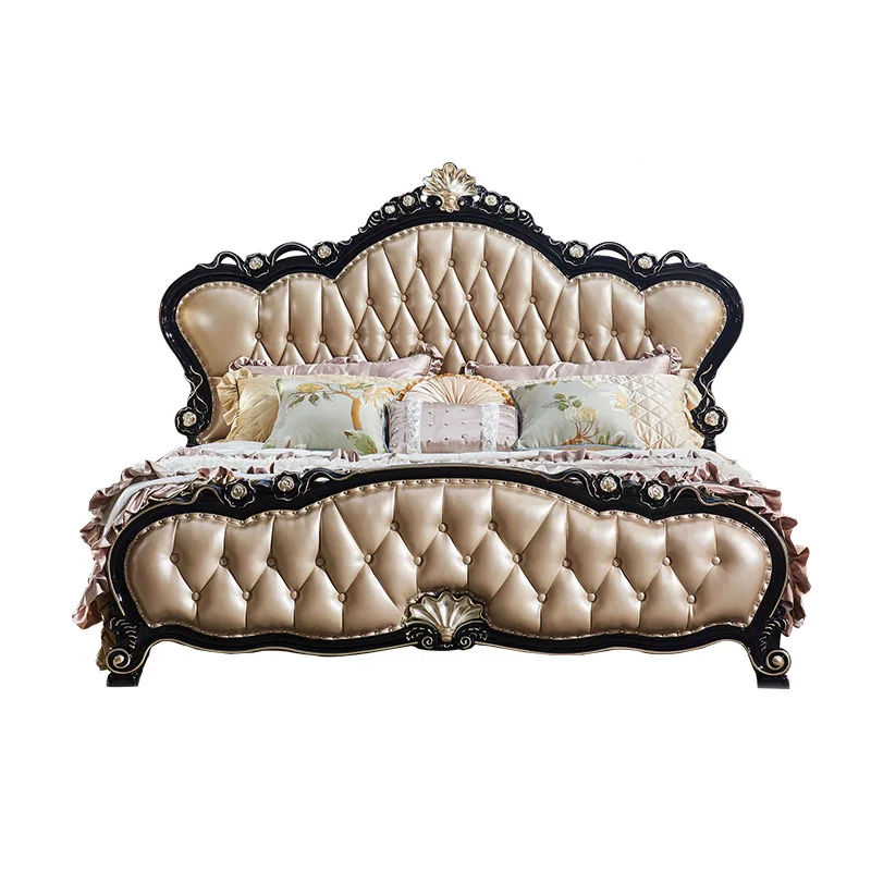

European style solid wood bed double bed luxury ebony oak storage leather bed American style