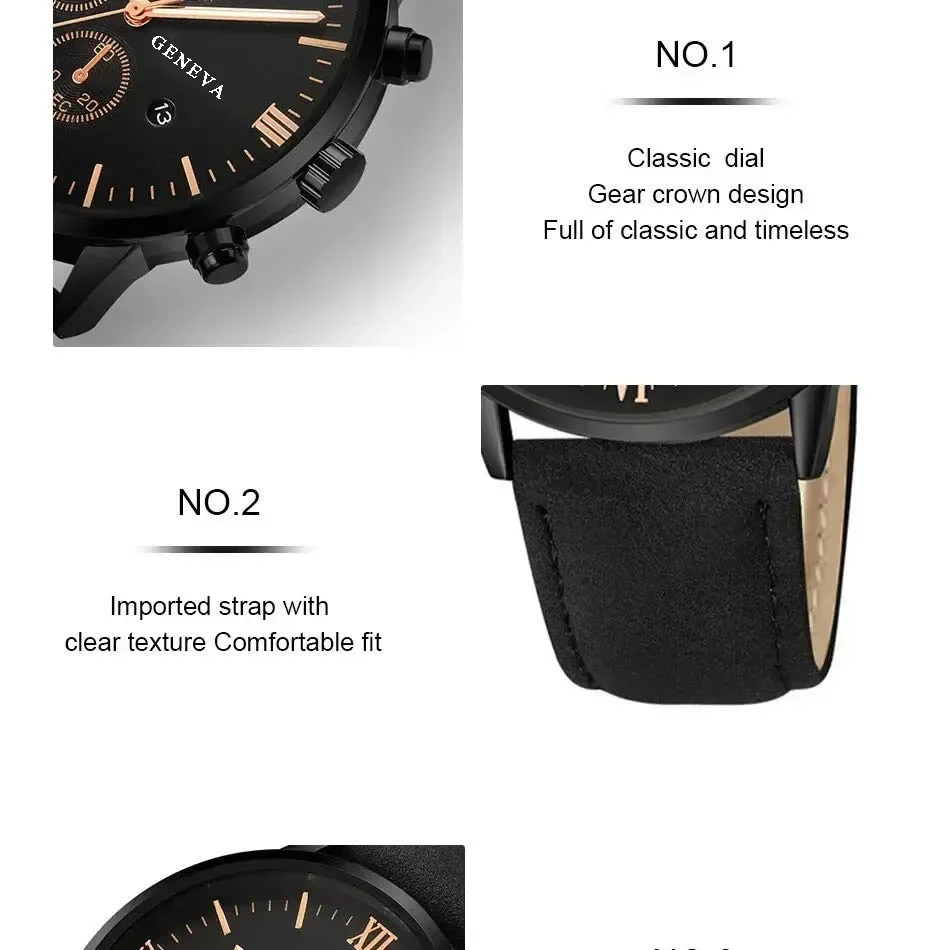 ชุดสร้อยข้อมือ3ชิ้นสำหรับผู้ชายสามตาแบบธุรกิจที่เรียบง่ายปฏิทินดิจิตอลเรืองแสงมือควอตซ์ dteel