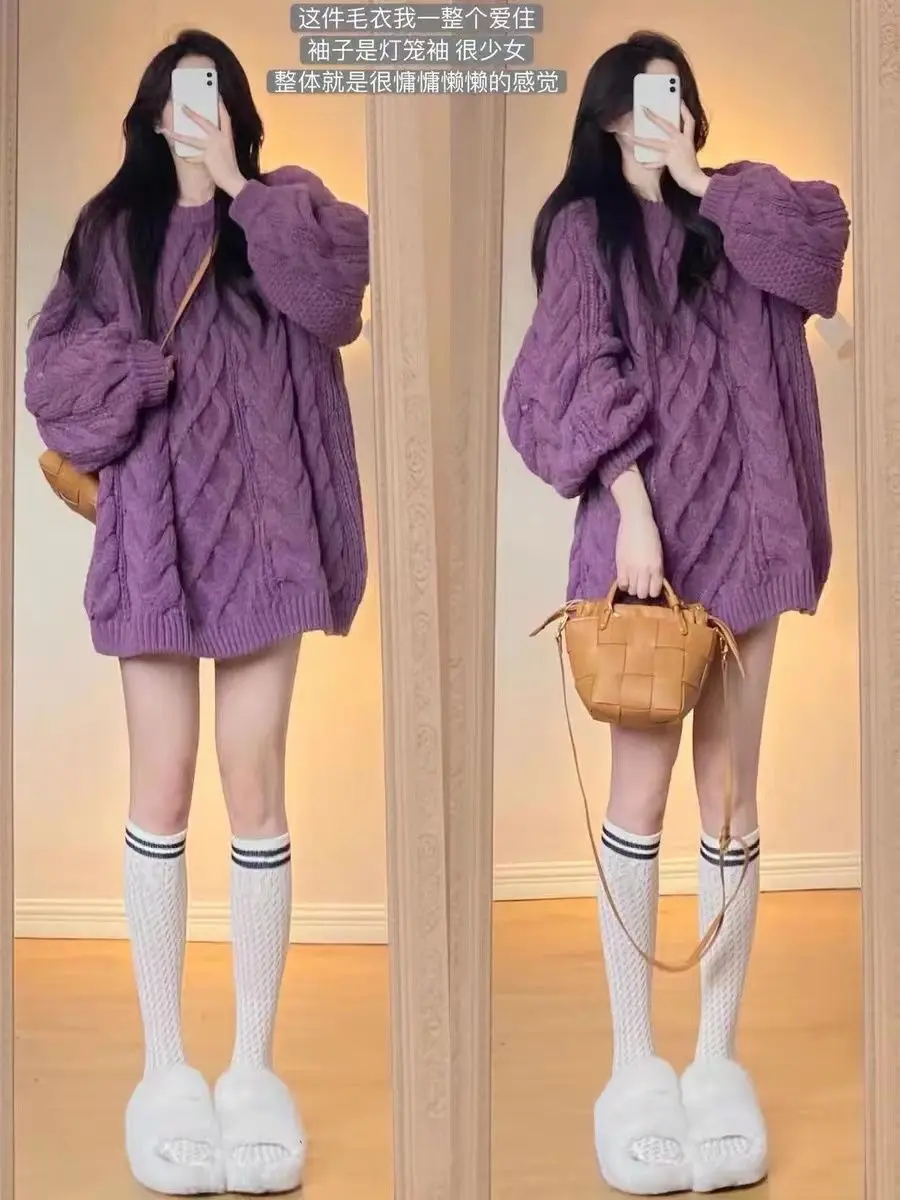 2023 Spring and Autumn New Korean Round Neck Fried Dough Twist Braid Knits Purple Sweater Women\'s Slouchy Style Top