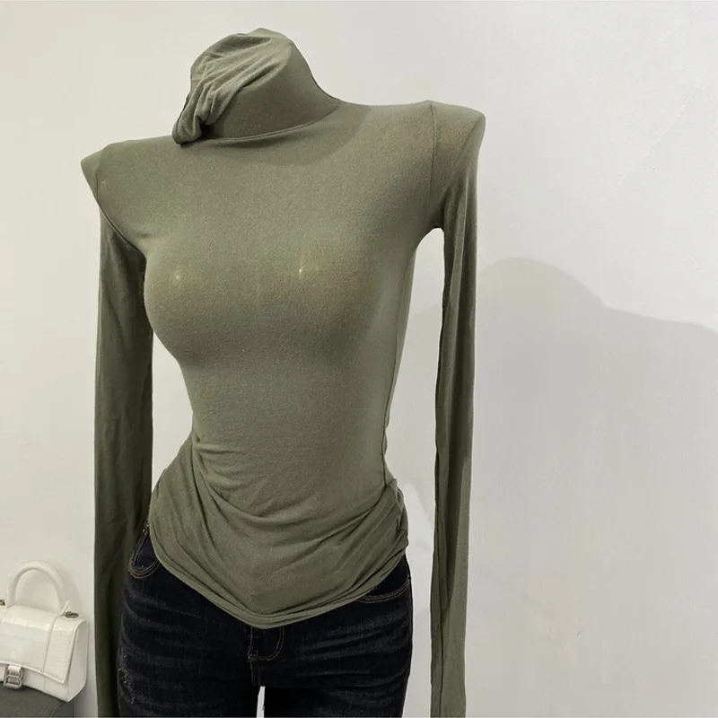 Dünnes, weiches amerikanisches Langarm-T-Shirt mit hohem gestapeltem Ausschnitt, enge Perspektive, Unterhemd für Damen, Slim-Fit-Tops, sexy Streetwear – Detail 11
