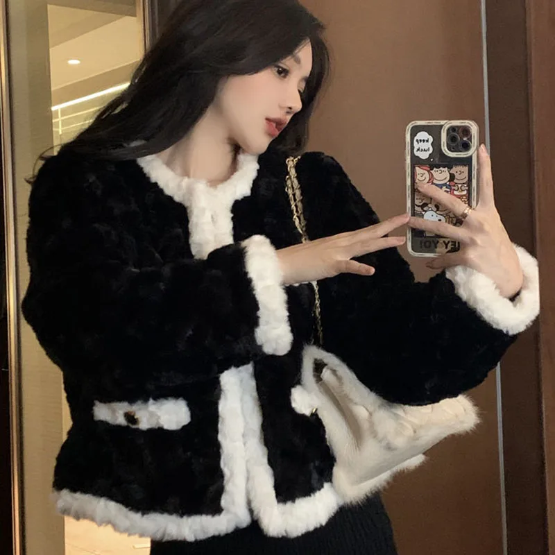 Lamb Fur Black Coat Women Elegant Long Sleeve Fashion Padded Thickened Warm Jacket Chic Office Lady Furry White Female Outwear