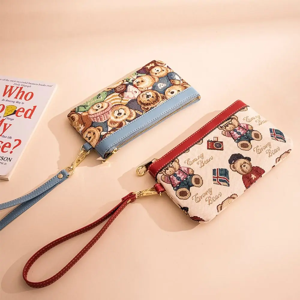 Bear Wallet For Female Male Letter Design Canvas Cartoon Coin Purse Contrasting Colors Mobile Phone Bag Women\'s Clutch Bag