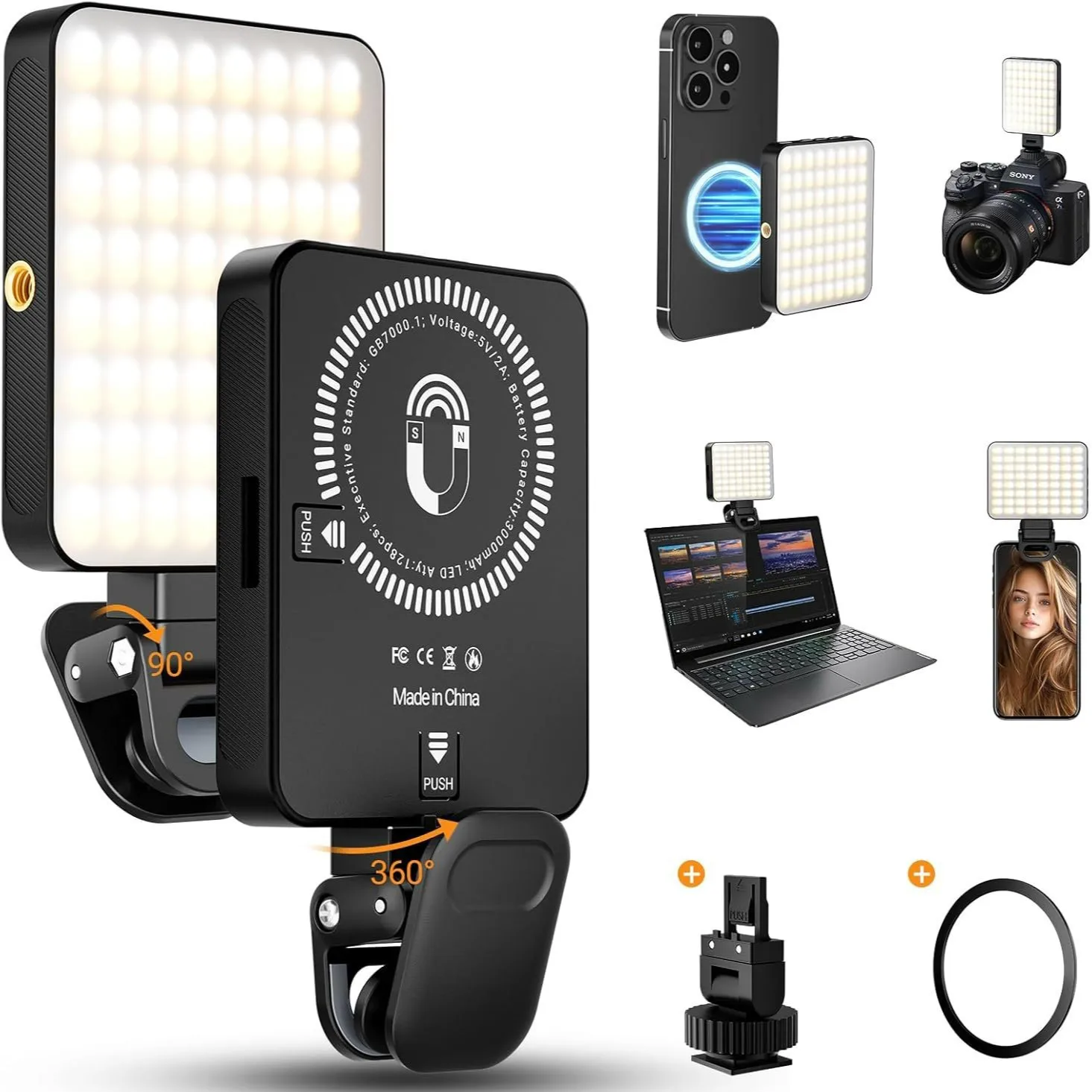 Luz de Relleno para Selfies de 128 LED para iPhone, Samsung, iPad, Celulares y Laptops, con Clip Magnético, Anillo de Luz, Lámpara para Fotos y Videos
