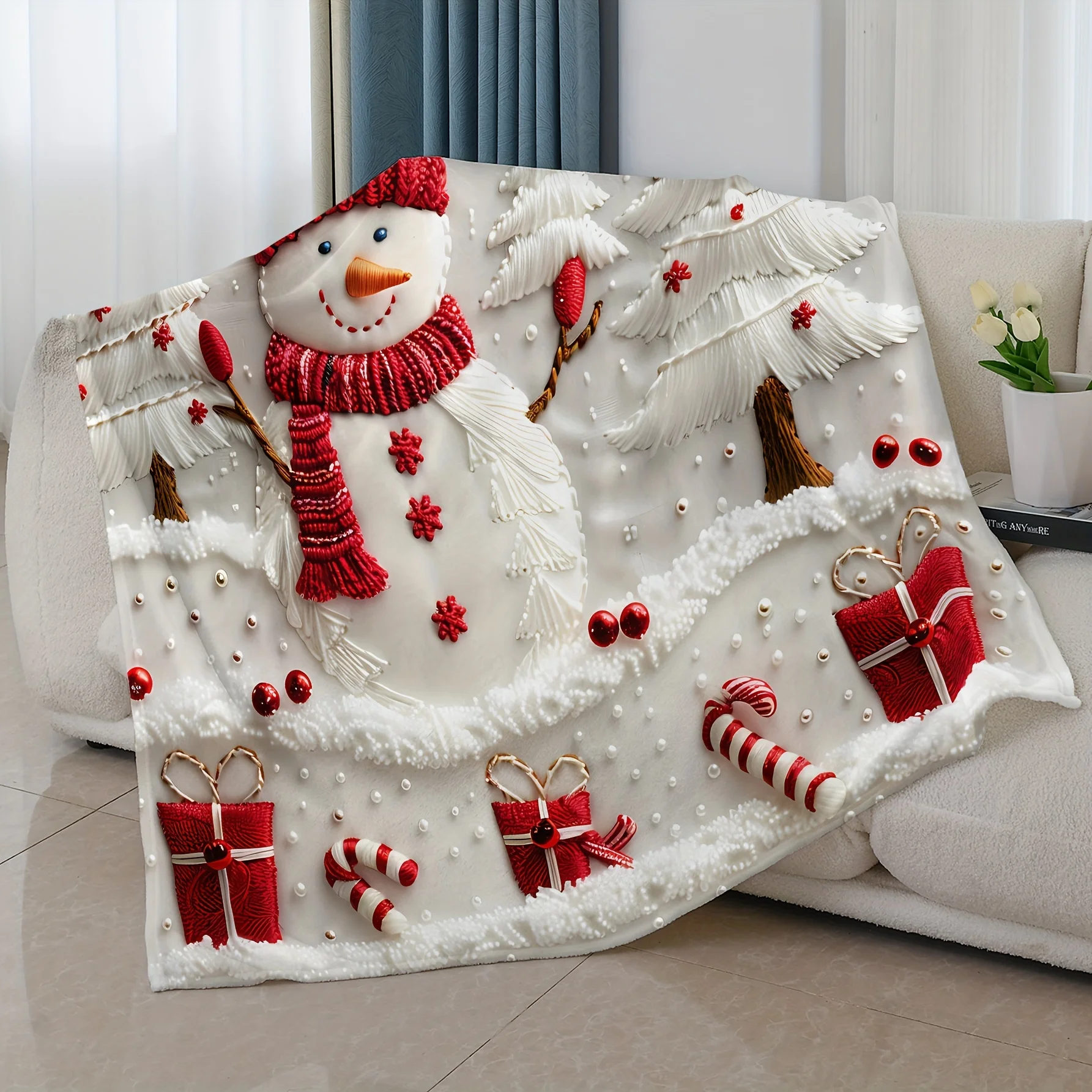 1pc 2D Flat Pattern Christmas Snowman Christmas Tree Combination Pattern Blanket,Suitable for Sofas, Beds, Interior Decoration