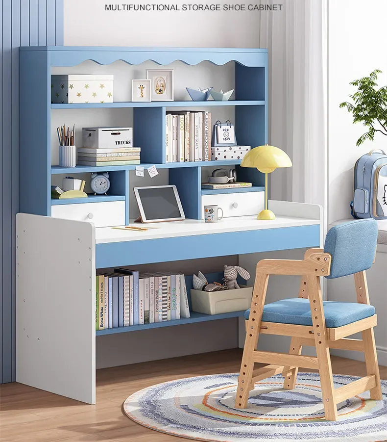 

Children's desk and bookshelf integrated liftable learning desk and chair set