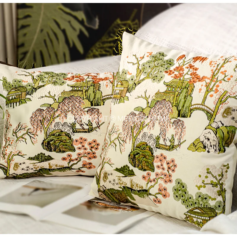 Medicci Home GG Style Asian Scenic Full Embroidered Throw Pillow Case Luxury Decorative Cushion Cover Breathtakingly Rich Colors