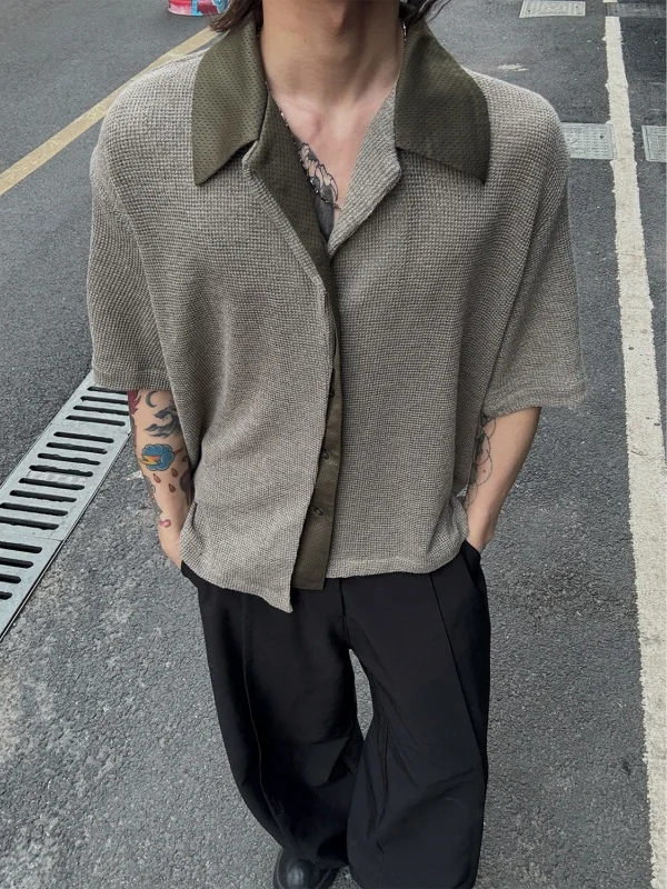 

American Sle Men's Knitted ort Sve irt Summer Five-Point Outerwear Loose Fit Regular Thin Long Sve Flip Collar
