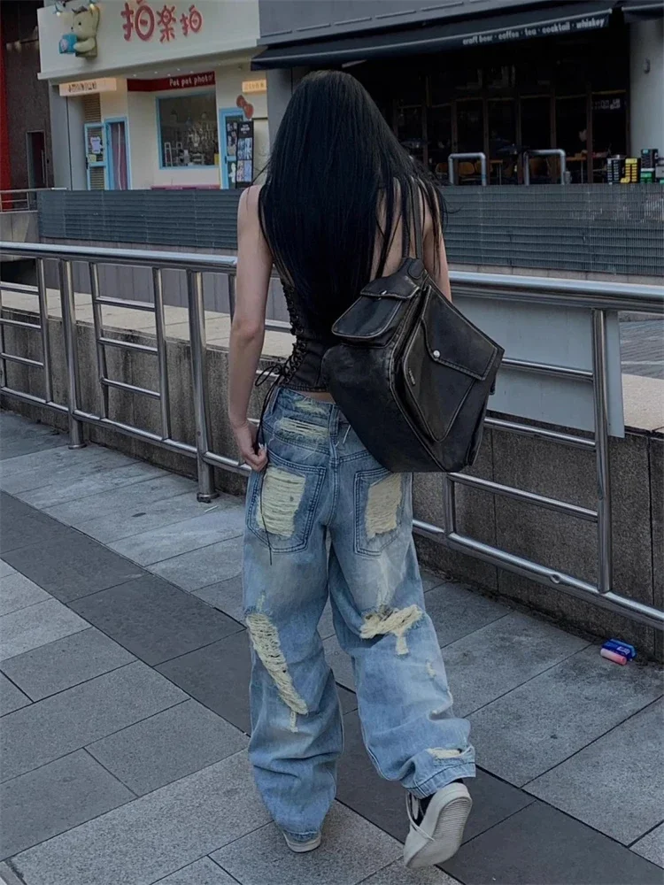 

Женские джинсовые брюки, летние женские потертые джинсы с несколькими отверстиями, широкие брюки с высокой талией, повседневные брюки для девочек