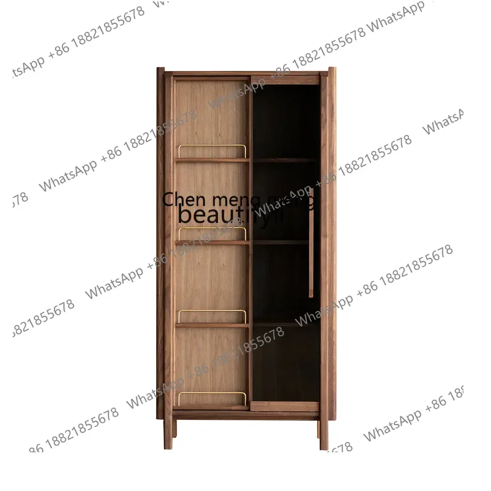 

cc182R11 Bookcase Books and Newspapers Display Cabinet Nordic Black Walnut Solid Wood Bookshelf Floor with Light Glass with Door