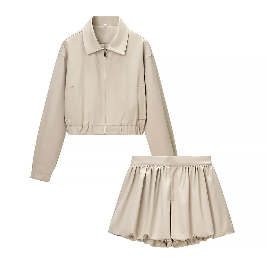 

Women's Fashionable Versatile Lapel Zipper Jacket and Shorts Set Y81R