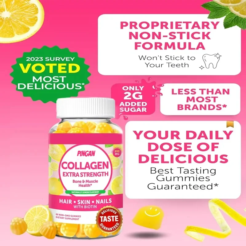 Collagen 60 Gummies Containing Biotin, Zinc, Vitamin C, and E-non Genetically Modified Anti-aging Collagen Supplements