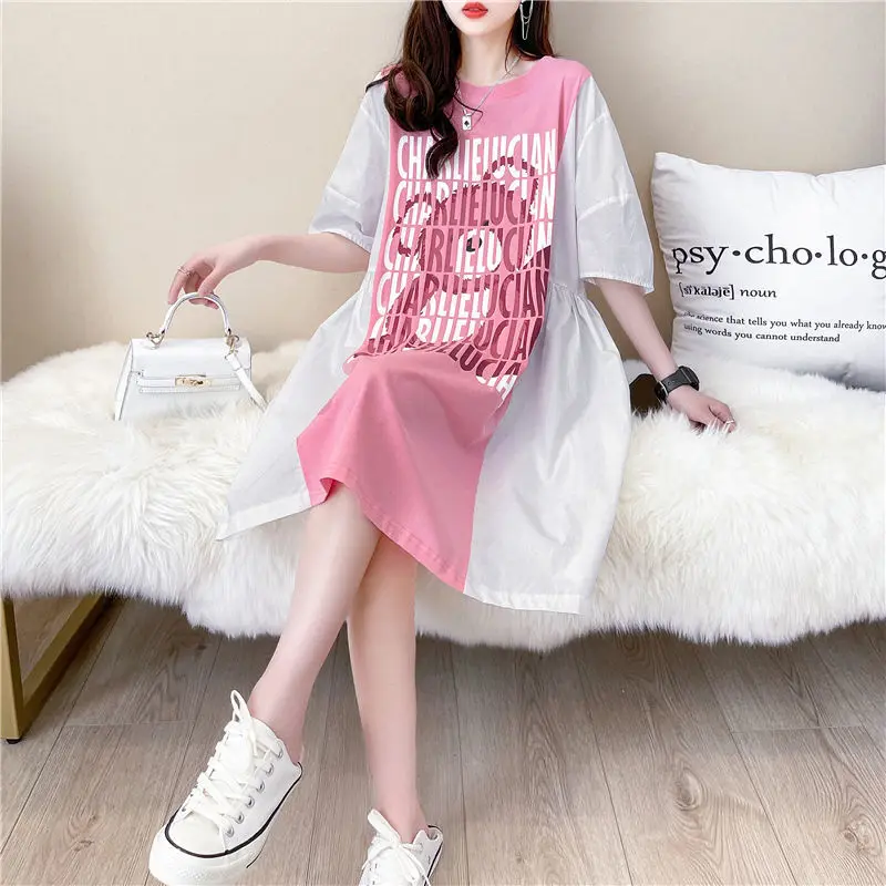 Printing T-Shirts Oversized Dresses Ladies Korean Pullovers Summer Short Sleeve Mid Length Version Fashion Printing Mini Dress