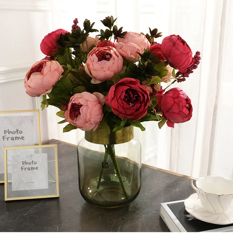 Ramo de peonía de estilo europeo de seda de 13 cabezas, flor Artificial, rosa, boda, novia, decoración para el hogar, Hotel, accesorios de mesa