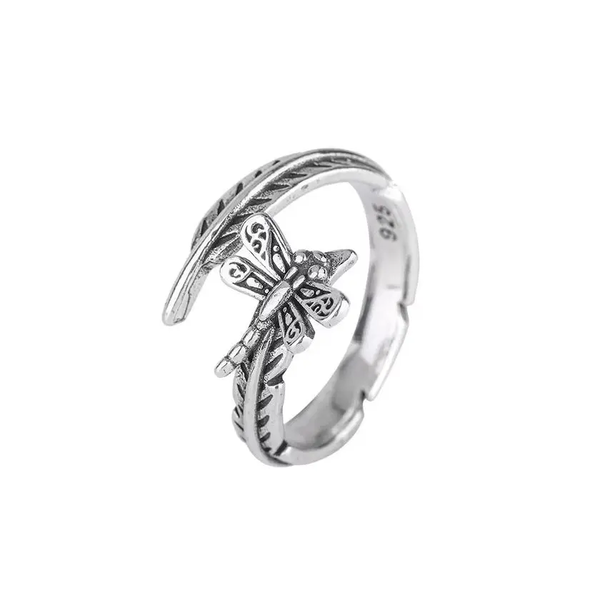 Vintage Dragonfly & Leaves Adjustable Open Cuff Ring, Hiphop Punk Unisex Jewelry, Fashion Accessory Party Festival Gift for Men