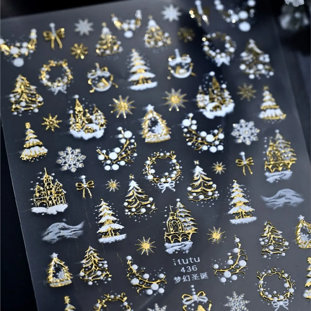 5D in rilievo Castello d'oro/Ghirlanda/Albero di Natale Adesivi per unghie Fiocchi di neve bianchi Fiocco Stella Decalcomanie per unghie Autoadesive Decorazioni per unghie di Natale