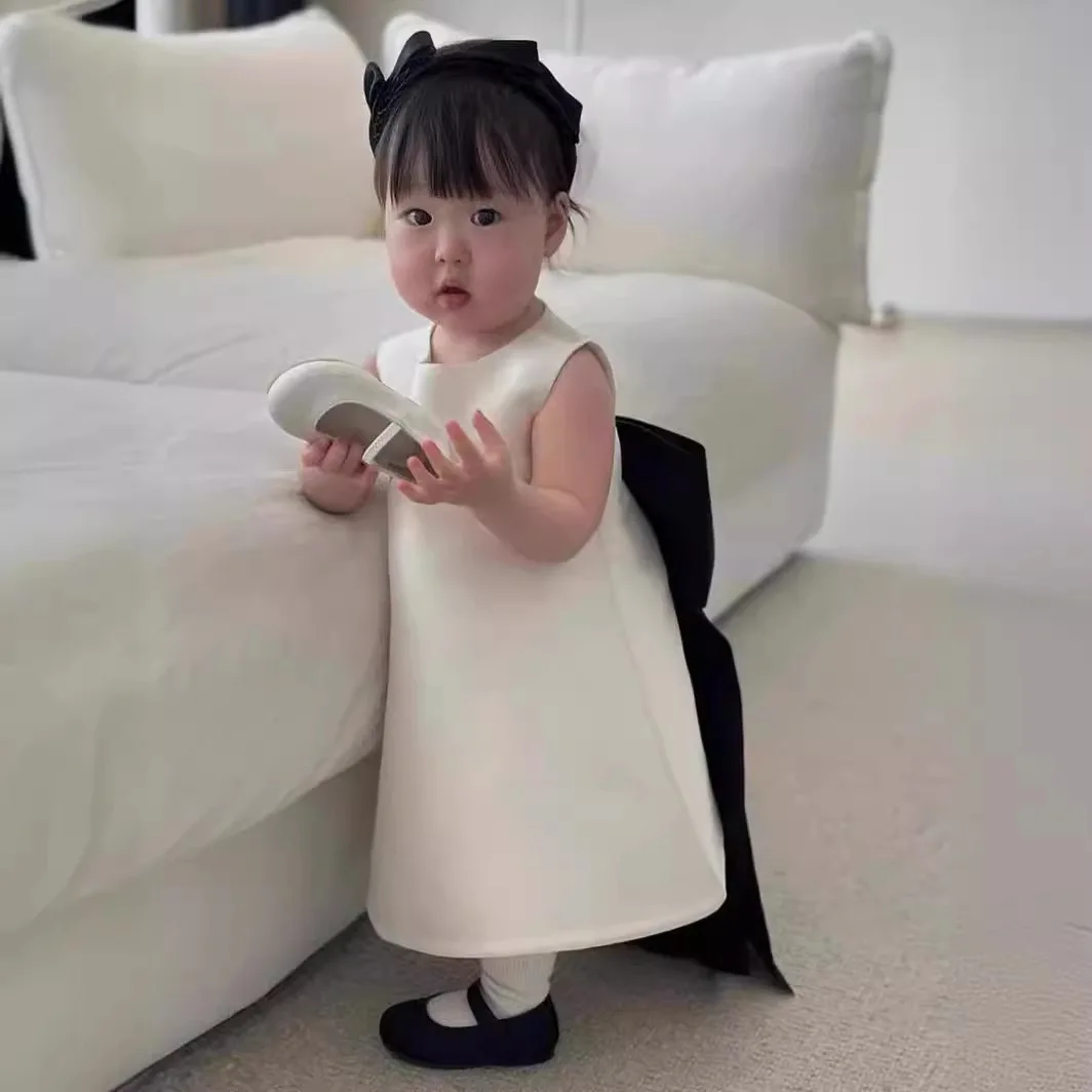 

High-end Korean A-line Bow Dress One Year Old Girls Baby Birthday Party Dress Girls Temperament Princess Dress