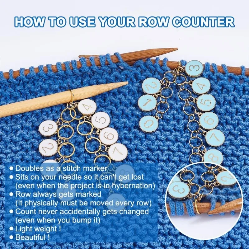 2 Pcs 0-9 Enamel Number Knitting Row Counter Chains Alloy Stitch Markers Row Counting Accessories for Knitting Crochet Tracking