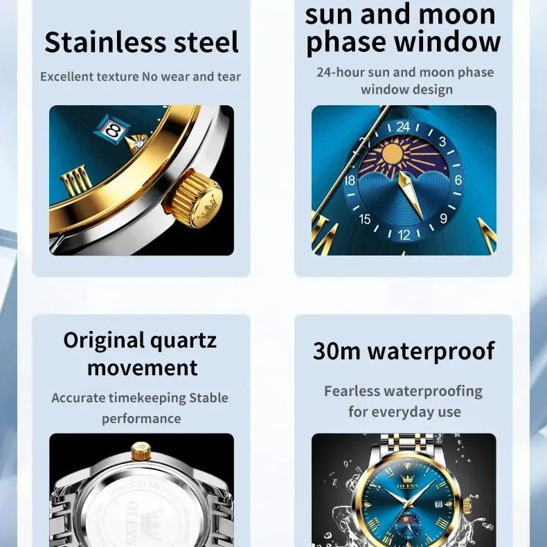 OLEVS 3656 ساعة رجالية فاخرة تاريخ تلقائي الرومانية الهاتفي مقاوم للماء ساعة الفولاذ المقاوم للصدأ مضيئة Moonphase ساعة رياضية للرجال
