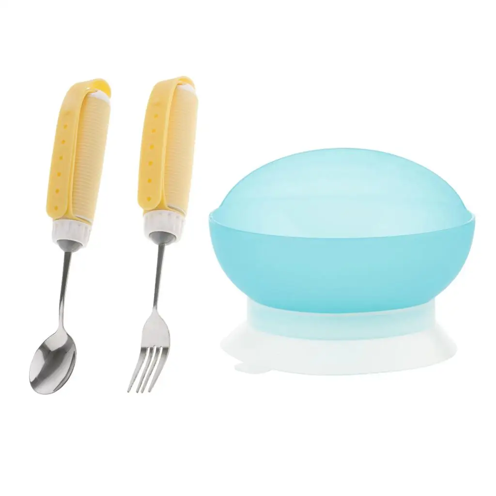 3pcs Silicone Gel Stainless Steel Anti Arthritis Parkinson’s Elderly Utensil Eating Aids Bowl Kit