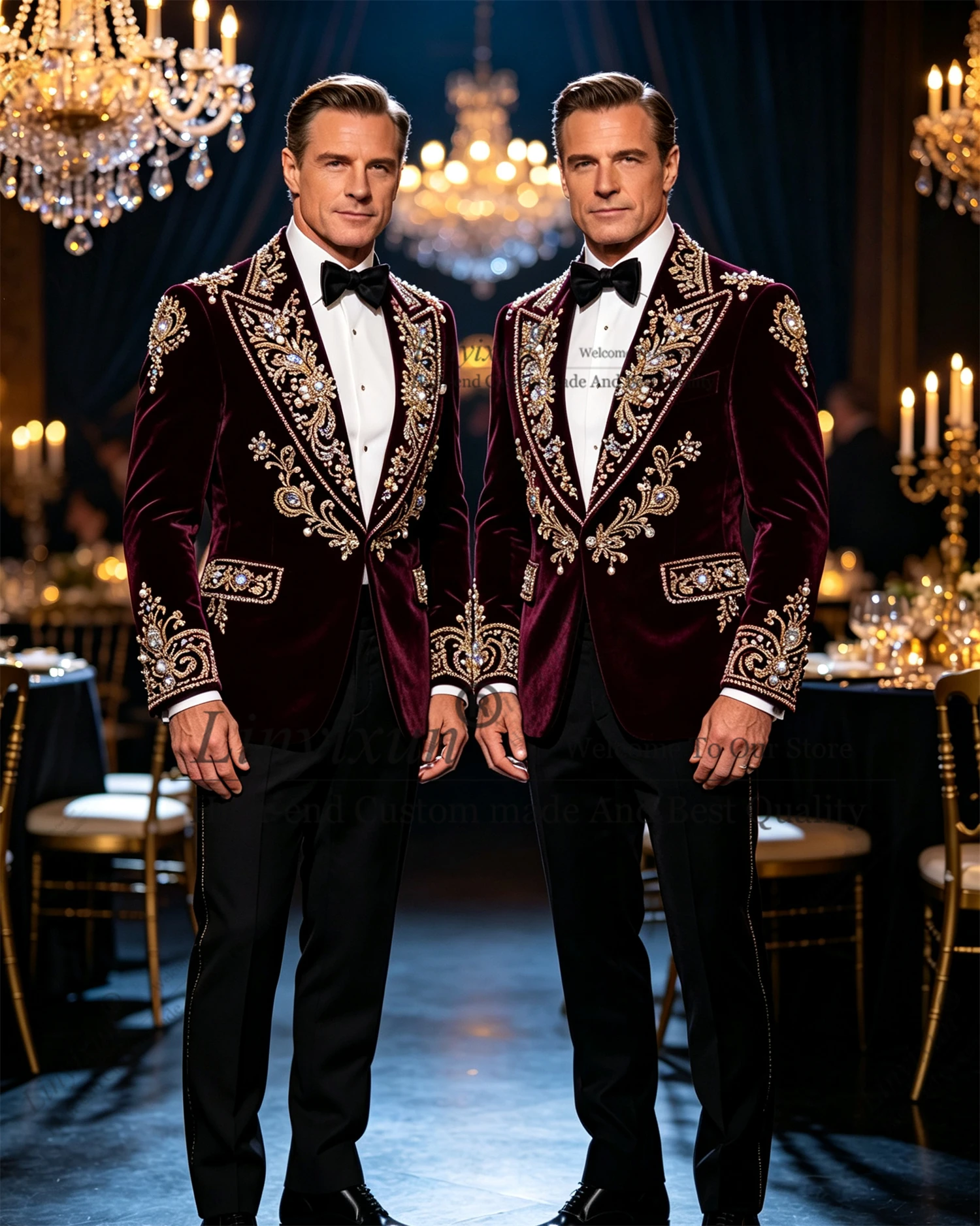 Elegant High-end Design Beaded Stones Suits Shiny Men For Wedding Jacket Trousers 3 Piece Set Groom Tuxedo Trajes Para Hombre