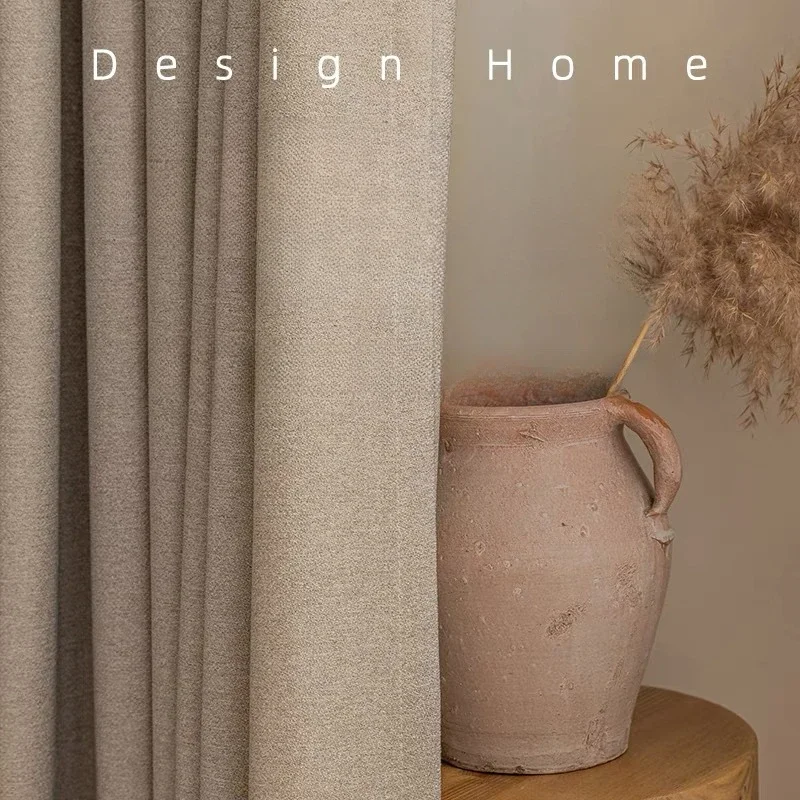 

Japanese Cotton and Linen Living Room Bedroom Blackout Curtains Thickened Drape Modern Linen Texture Double-sided Nylon