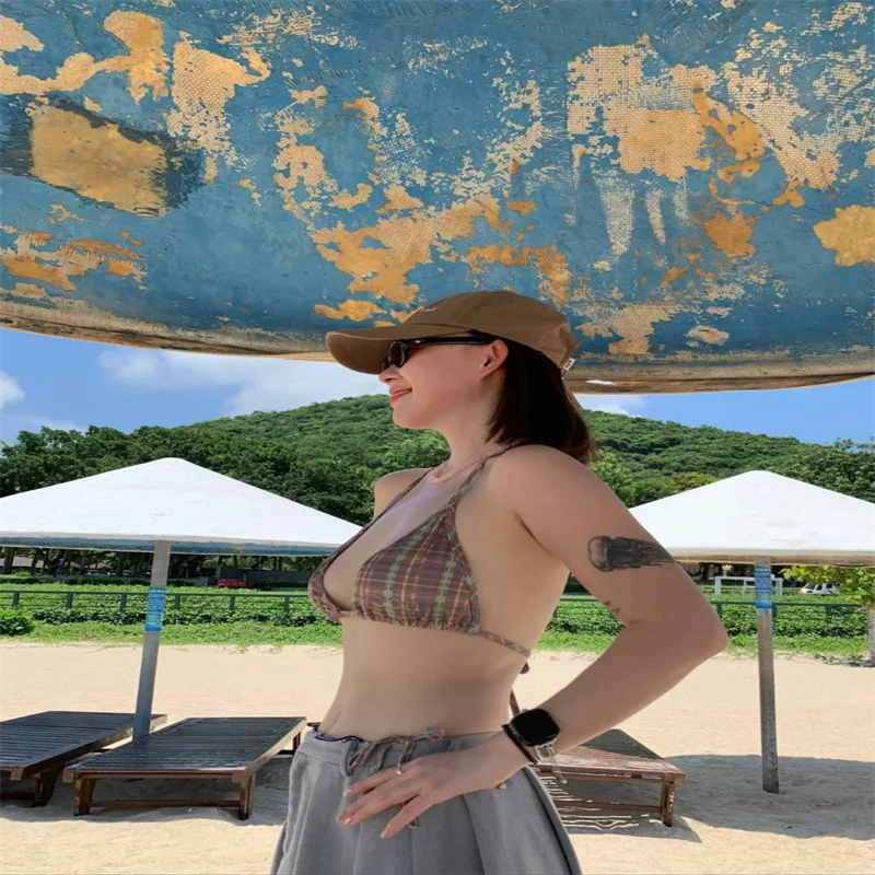 

Сексуальный ретро-бикини в клетку с завязками на шее, для пляжного отдыха, для небольшой груди, купальник-треугольник с треугольным дизайном