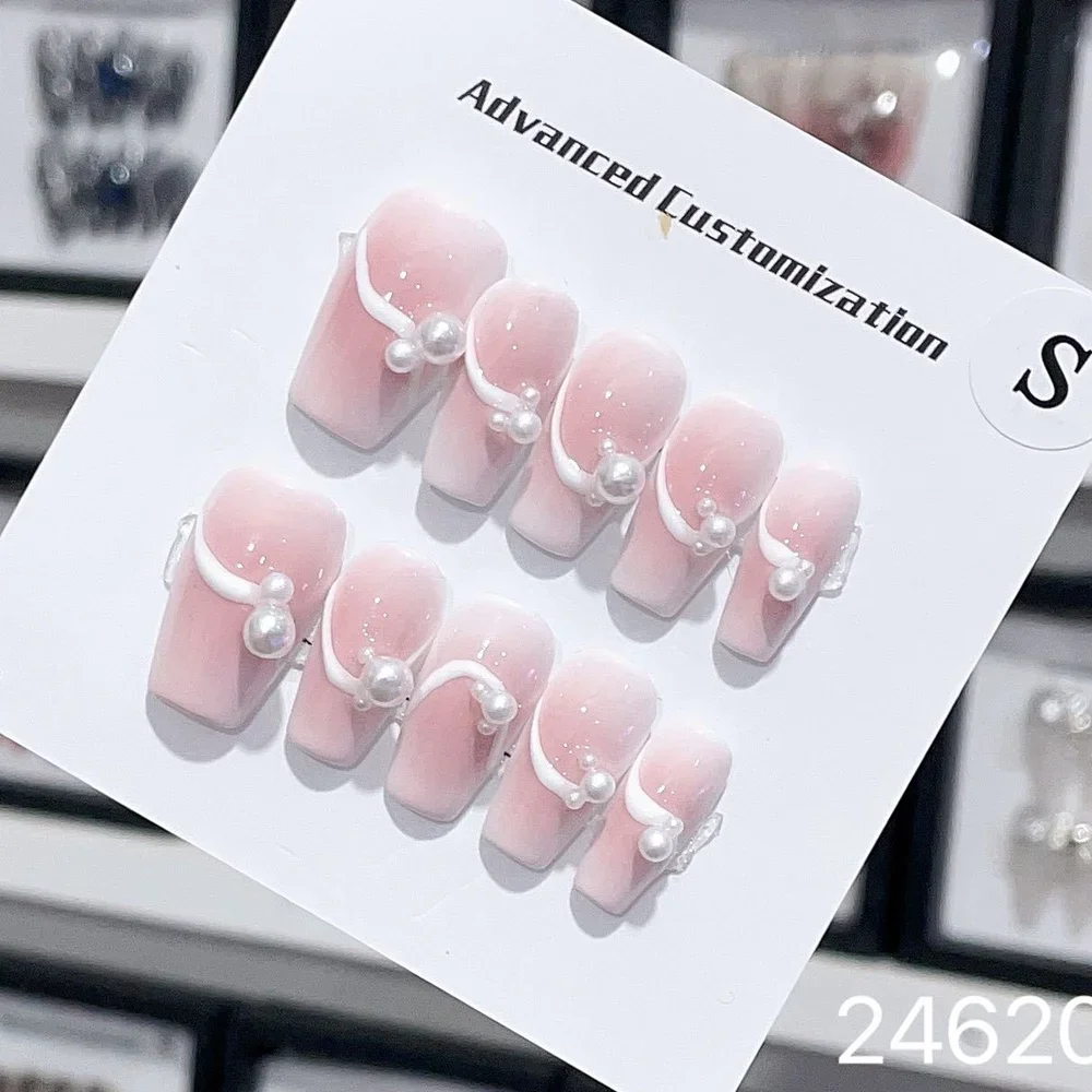 

Handmade Pink Press on Nails Korean Hand Paint Reusable Adhesive False Nails with Design Acrylic Artificial Manicure for Girls
