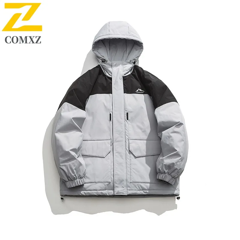 COMXZ Men Cotton Coat Winter Thick Cold Proof Quilted Outdoor Windproof Windbreaker American Streetwear Workwear Padded Jacket