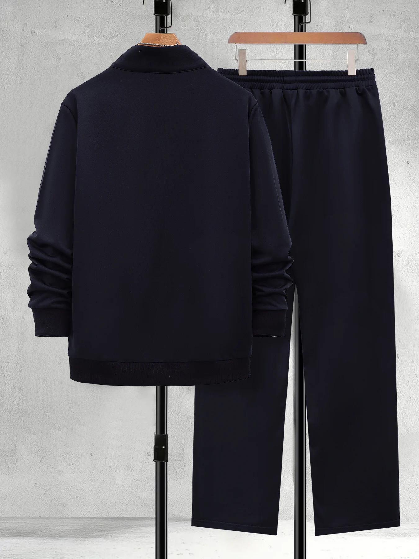 Men's Stand-Up Collar Zip-Up Cardigan Jacket and Straight-Leg Trousers Two-Piece Set, Navy Blue Simple Casual Sports Suit, Business Style Versatile Comfortable Daily Men's Outfit Set view 3