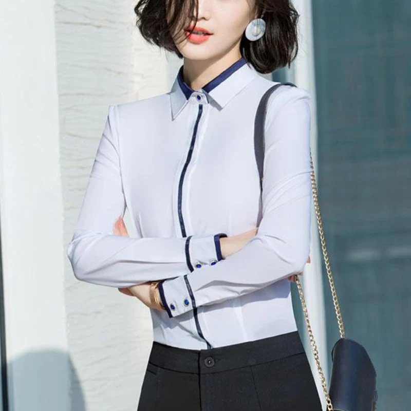 Spring Autumn Office Lady Elegant Fashion Solid Color Bottoming Shirt Black Skirt Pants Women Slim Vocational Blouse Top Femme