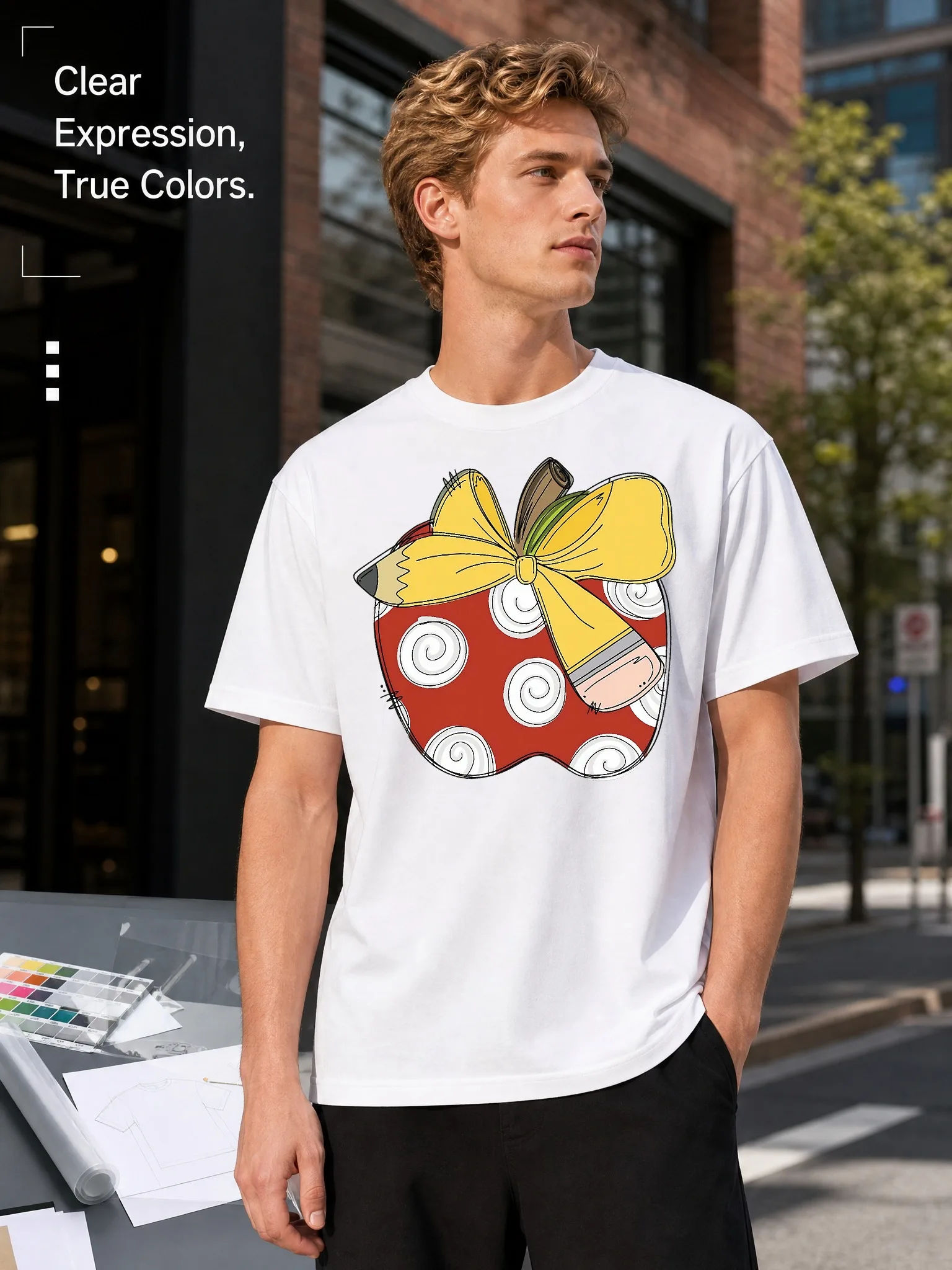 Men's White Loose-Fitting Round-Neck Short-Sleeved T-Shirt with Fun Apple Print, Casual Top for Everyday Outings, Trendy, Versatile, Comfortable and Breathable