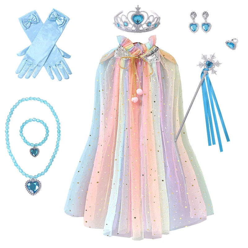 Ice Princess Cosplay Christmas Cloak with Magic Stick Crown Necklace earing Halloween Girl  Carnival Party