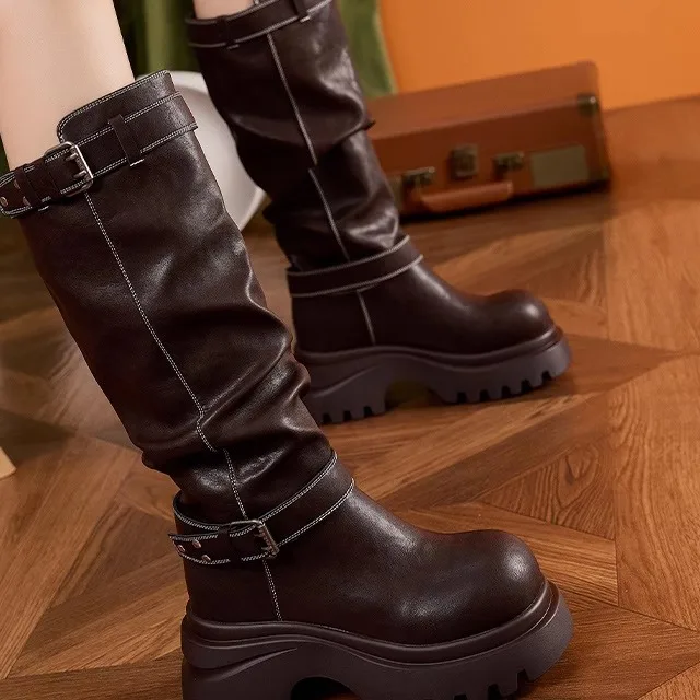 

Women's Long Fur Lined High Top Knight Boots Real Leather Warm Versatile Beautiful Ray Skin Ultrafine Fiber round Toe Boots