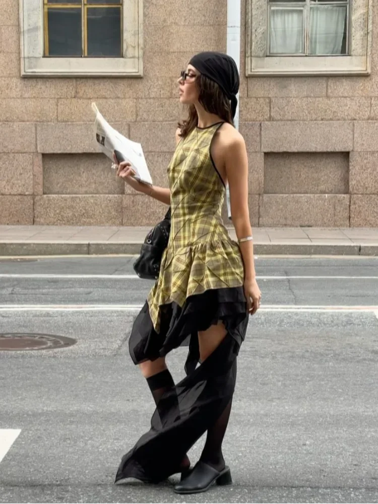

Women Chic Plaid Asymmetric Midi Dress Casual Backless Halter Neck Ruffled Layered Hem Vestidos Lady Nightclub New 2026 Gowns