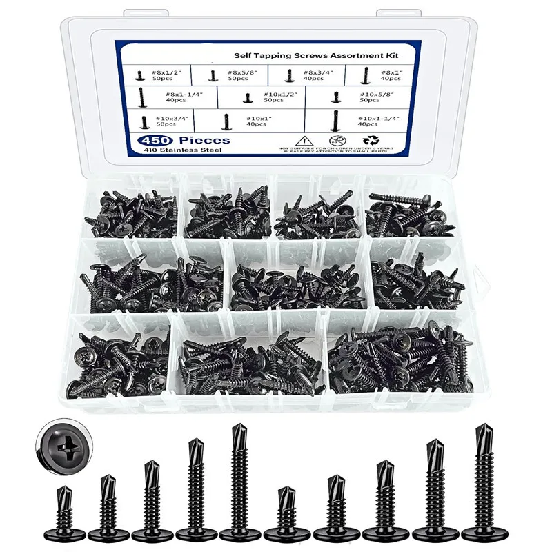 

450pcs #8#10 Modified Truss Head Self-Tapping Screws Assortment Kit 410 Stainless Steel Self Drilling Screw for Sheet Metal Wood