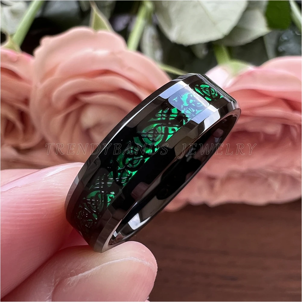 6 mm 8 mm Eheringe für Herren und Damen, schwarzer Wolframring mit grünem Opal und schwarzem Drachen-Inlay, bequeme Passform – Detail 8