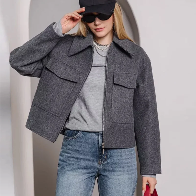 Wollmantel, große Tasche, langärmelig, Top, 2025, Herbst und Winter, neuer Stil, Reversjacke, Strickjacke für Damen