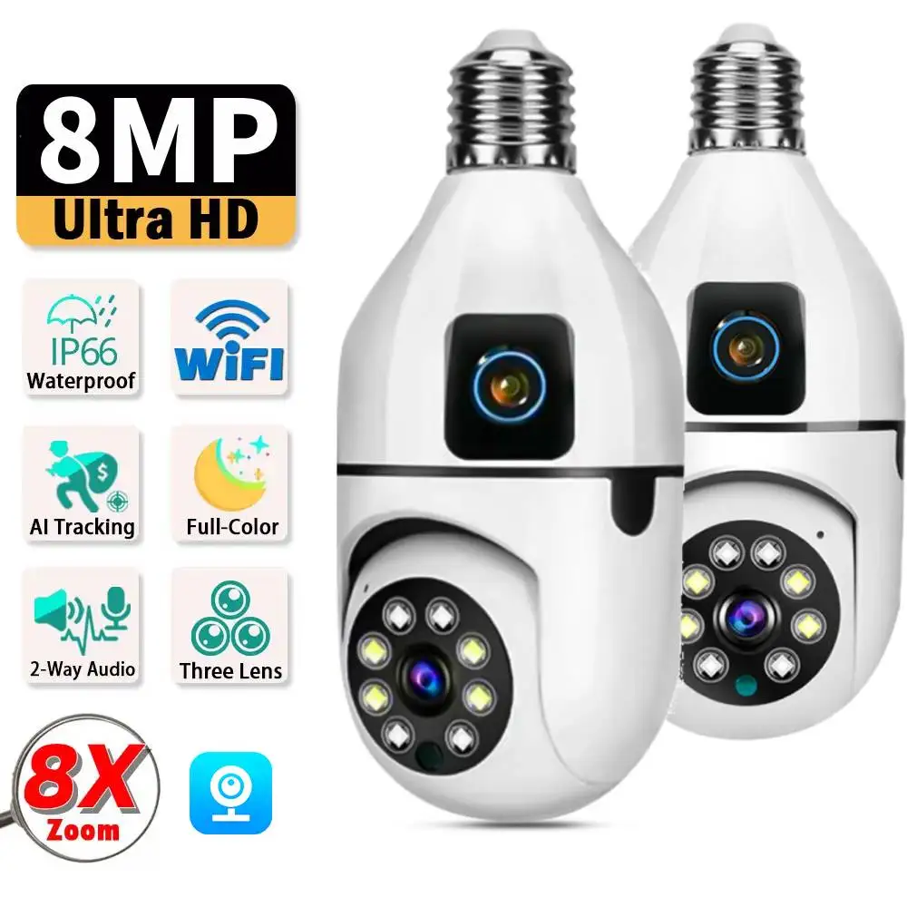 camera wi fi com lampada e27 8mp lente dupla vigilancia interna rastreamento humano sem fio cameras de audio bidirecional zoom 8x visao noturna colorida 01