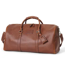 Bolsa de equipaje de mano marrón Retro para hombre, bolso de viaje de gran capacidad de cuero de Caballo loco de calidad, bolso de mensajero de hombro de fin de semana de negocios