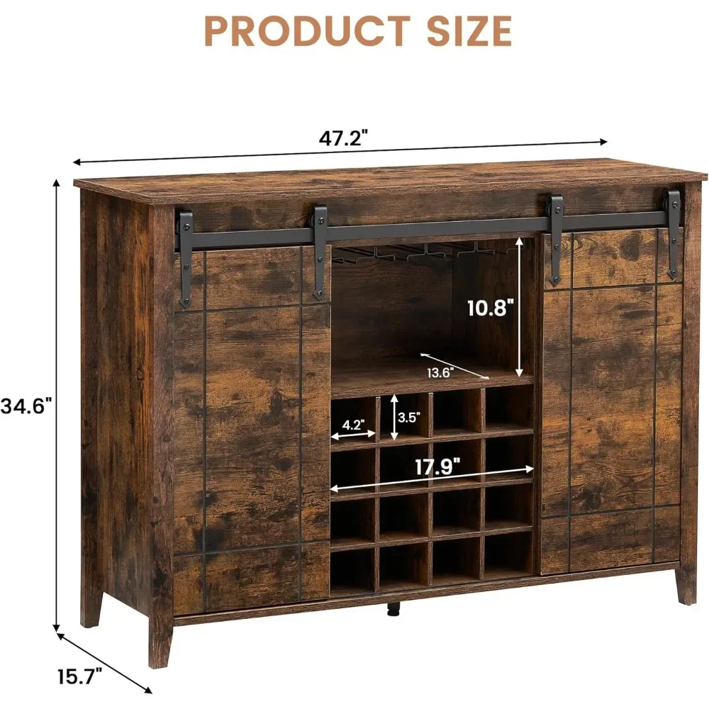 

47" Coffee Bar Cabinet w/16 Wine & Glass Rack, Storage Shelves Farmhouse Wine Bar Cabinet