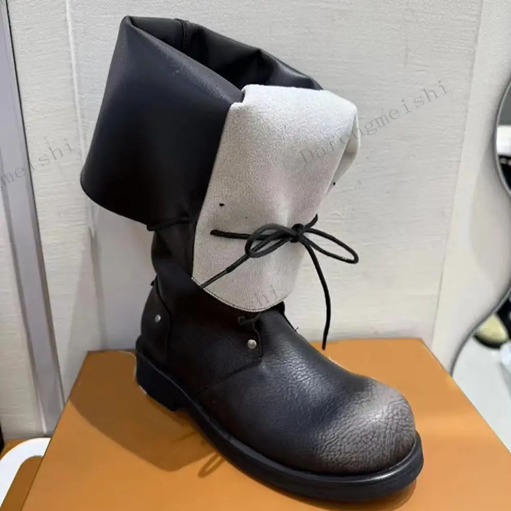 Women Turned-Over Edge Knee High Boots Round Toe Lace-Up Thick Sole Leather Winter Boots 2026 New Fashion Street Style Boots
